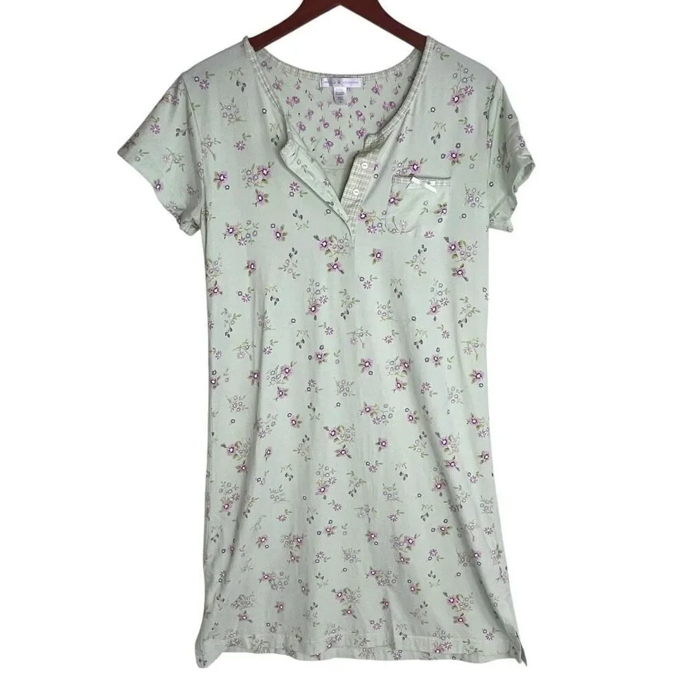 Carole Hochman Womens Floral Cotton Short Sleeve Nightgown Green Purple Sz Small